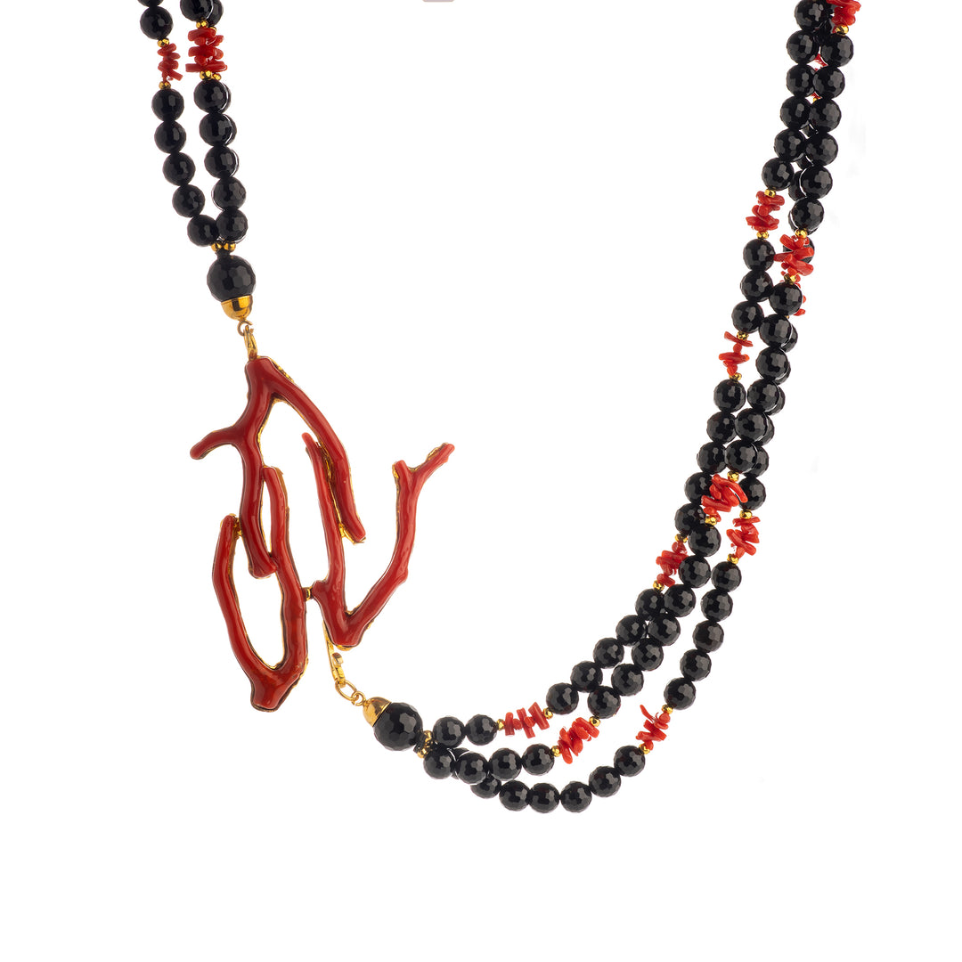 Collana ramo di corallo rosso vero montato su agata e argento