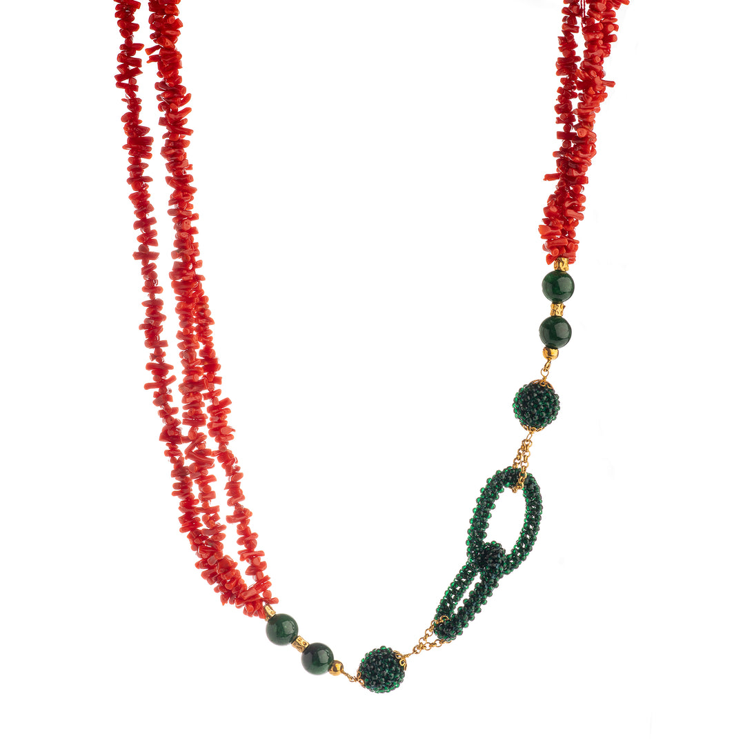 Collana corallo e giada montato su argento
