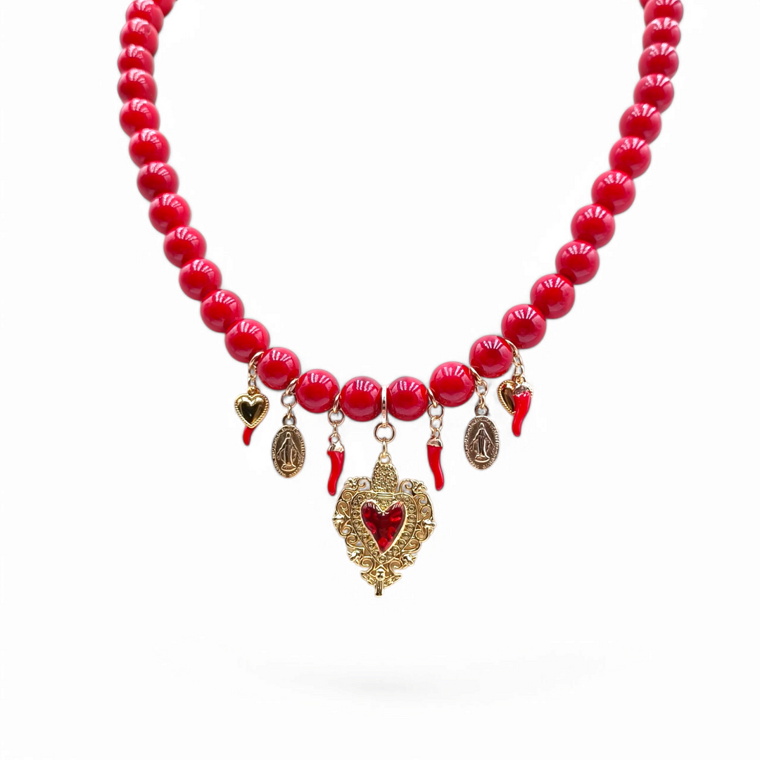 END OF COLLECTION - Sacred heart necklace in enamelled steel and Mallorca pearl