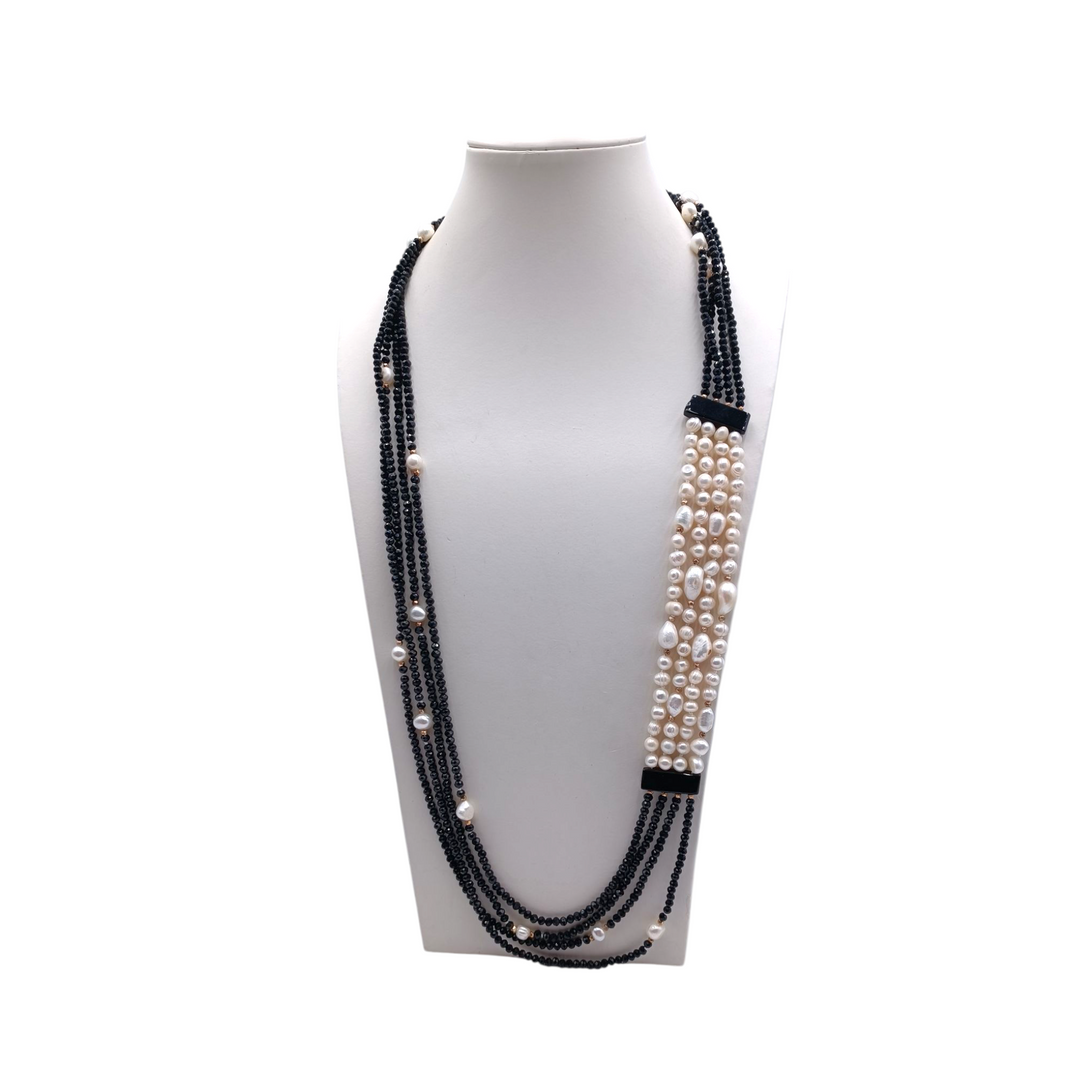 End of collection - multi-strand necklace in crystals and river pearls and black agate mounted with hematite