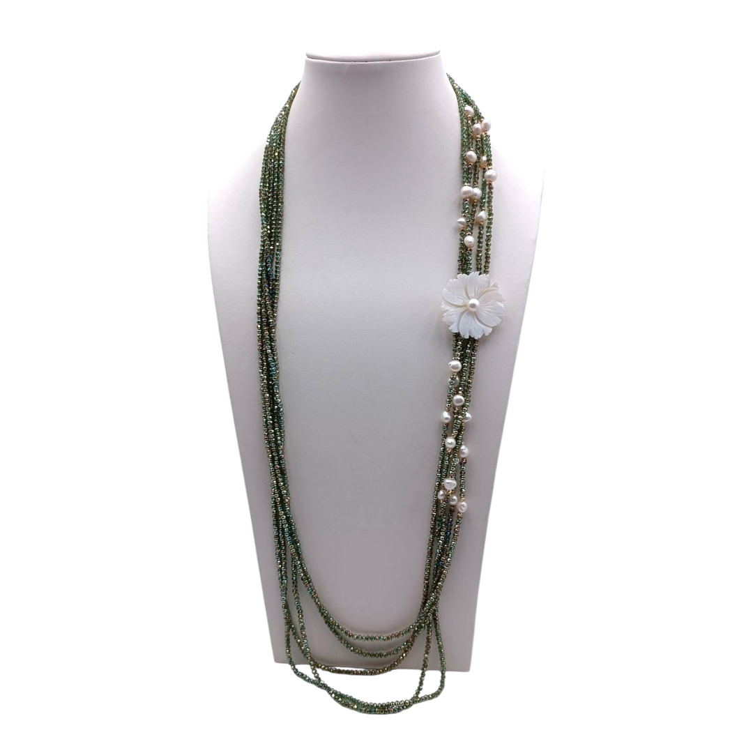 End of collection - multi-strand necklace in crystals with mother-of-pearl flower