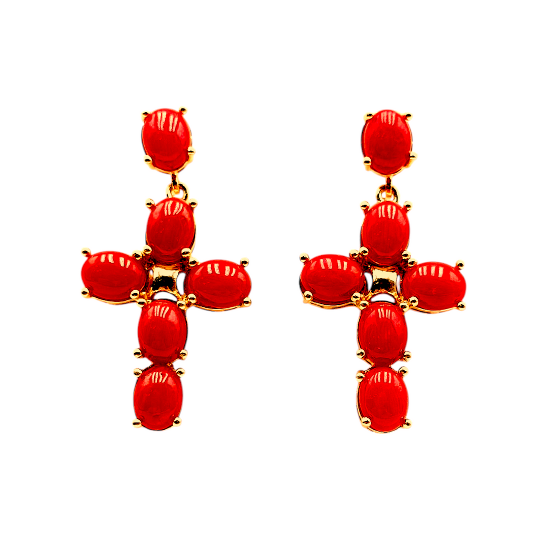 Red coral "cross" earrings mounted on silver