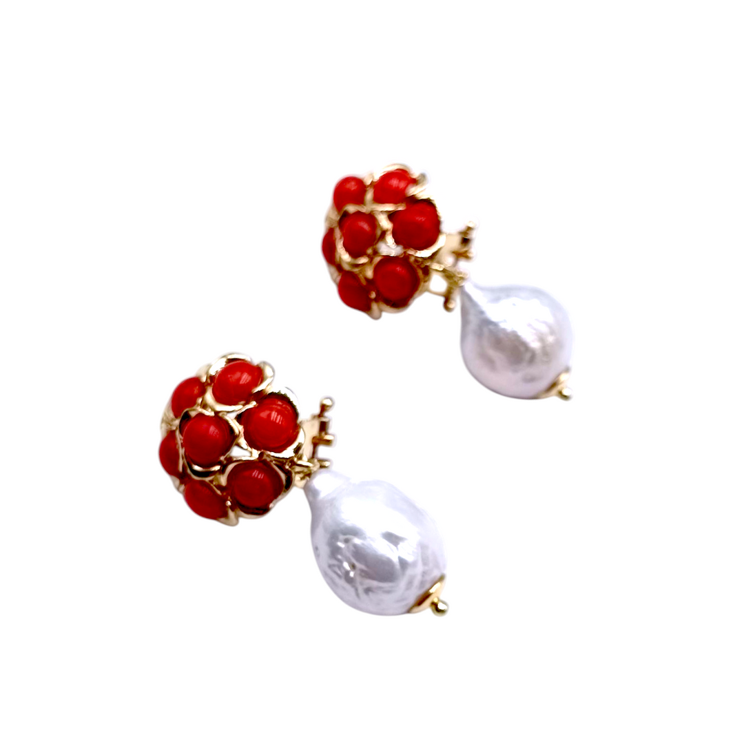 Coral patch earrings with baroque pearls mounted on silver