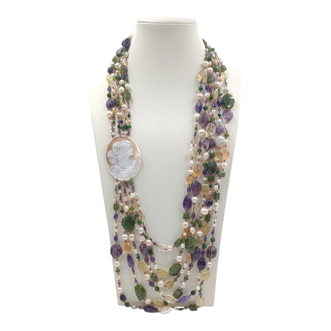 Multi-strand "goddess" necklace with scaramazza pearls, amethyst and quartz mounted on fabric