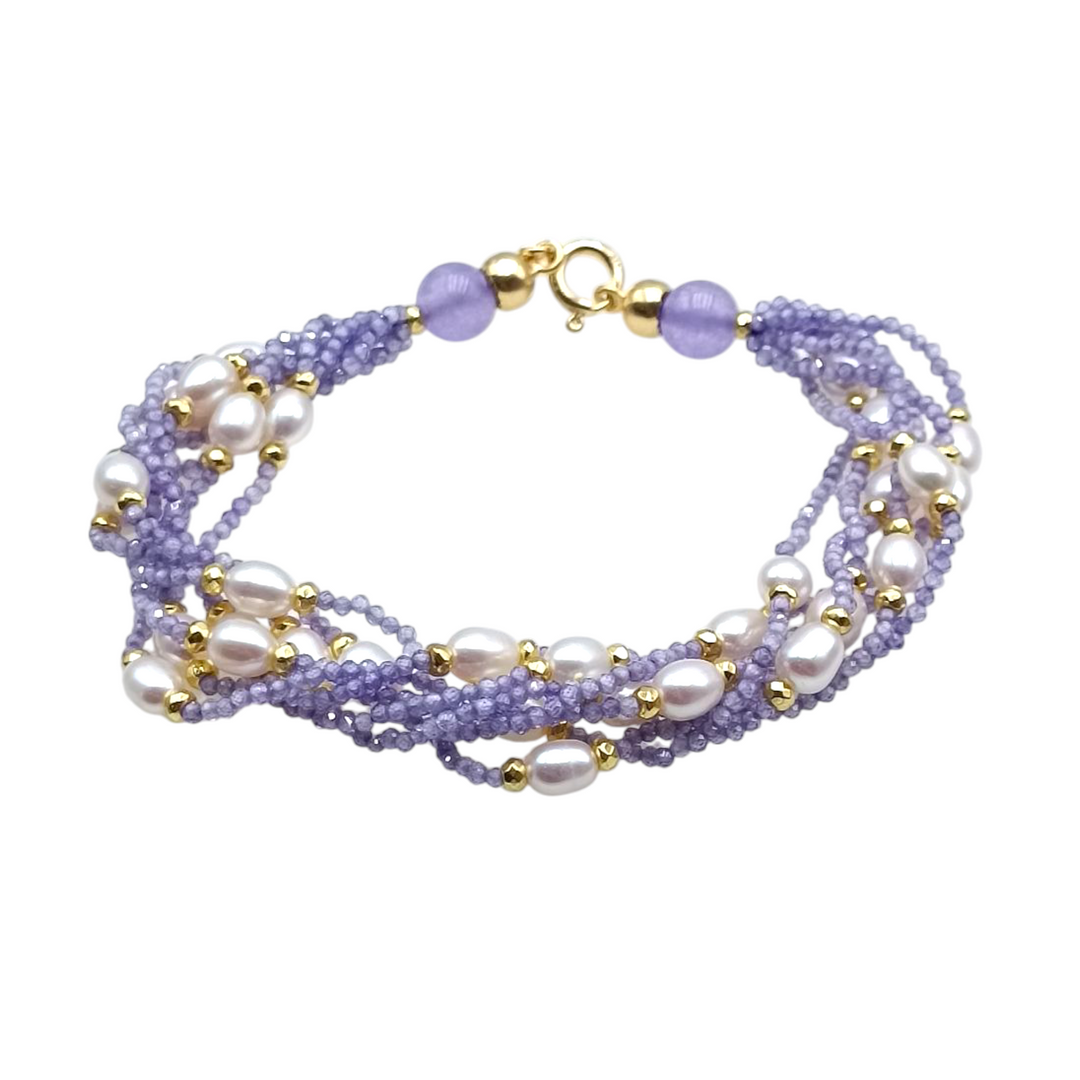 Multi-strand bracelet in lilac zirconia and river pearls mounted on silver