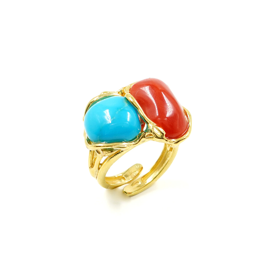 Coral and turquoise ring mounted on silver