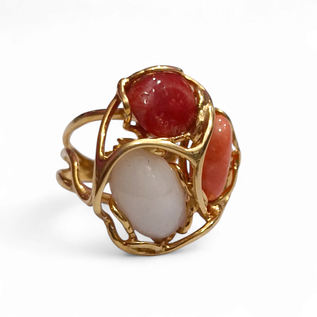 Red, pink and orange coral ring set in silver