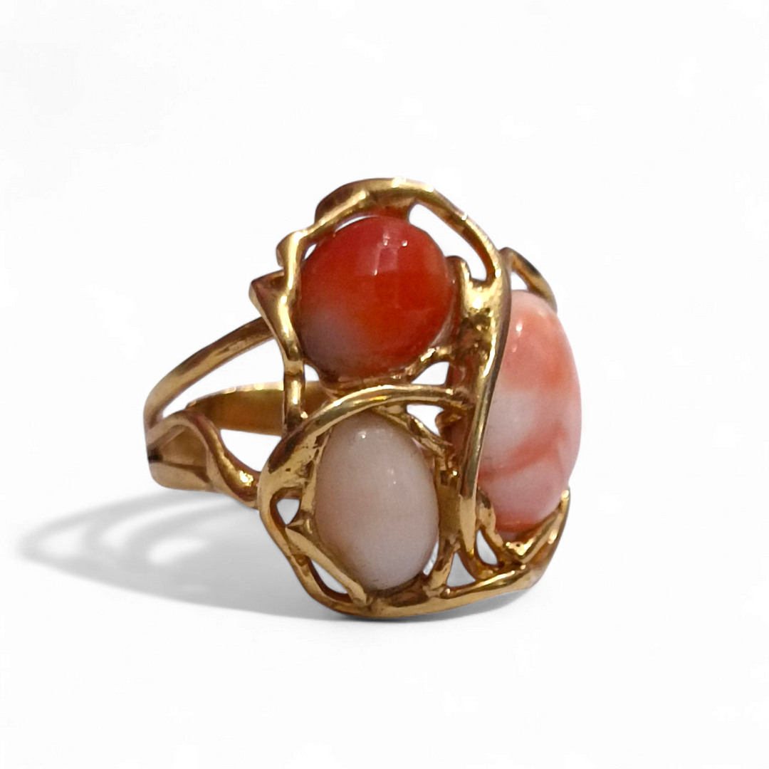 Red, pink and orange coral trio ring set in silver
