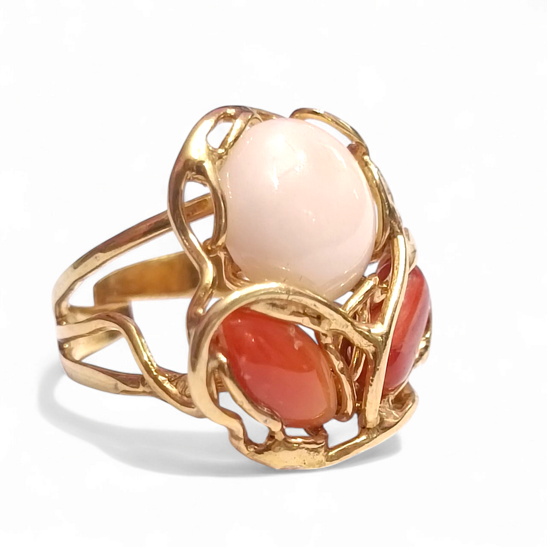 Red, pink and orange coral trio ring set in silver