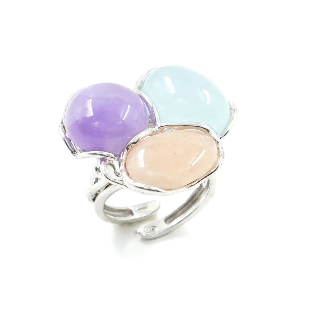 Triptych ring of aquamarine, amethyst and morganite set in silver