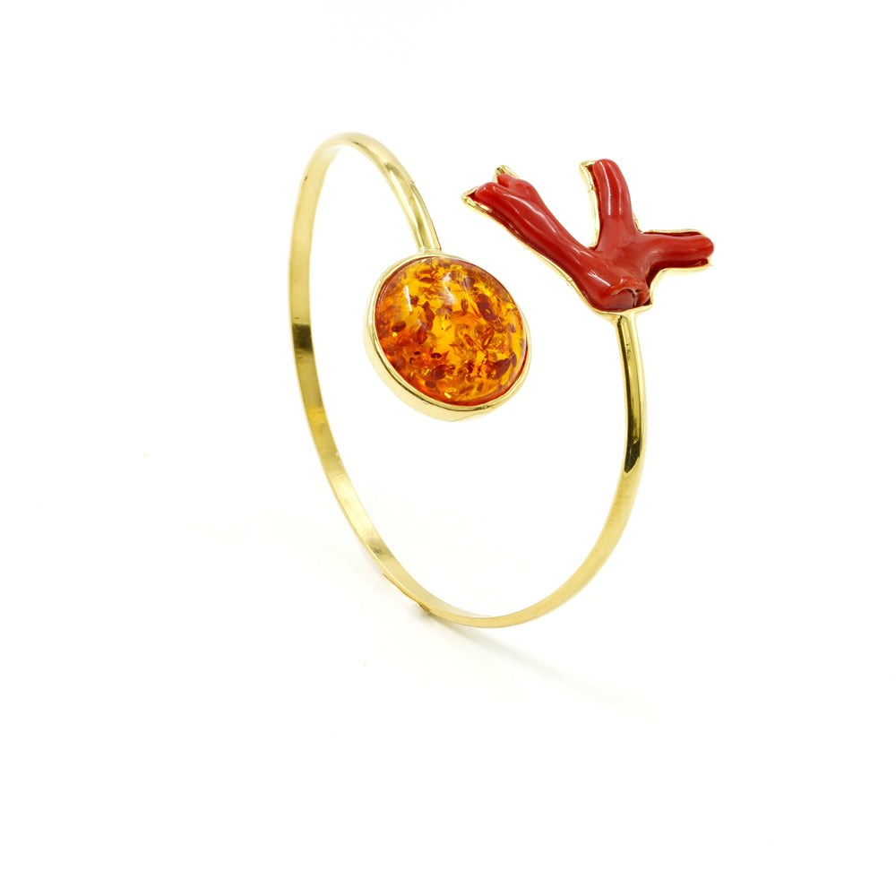 Rigid bracelet in coral and amber mounted on silver