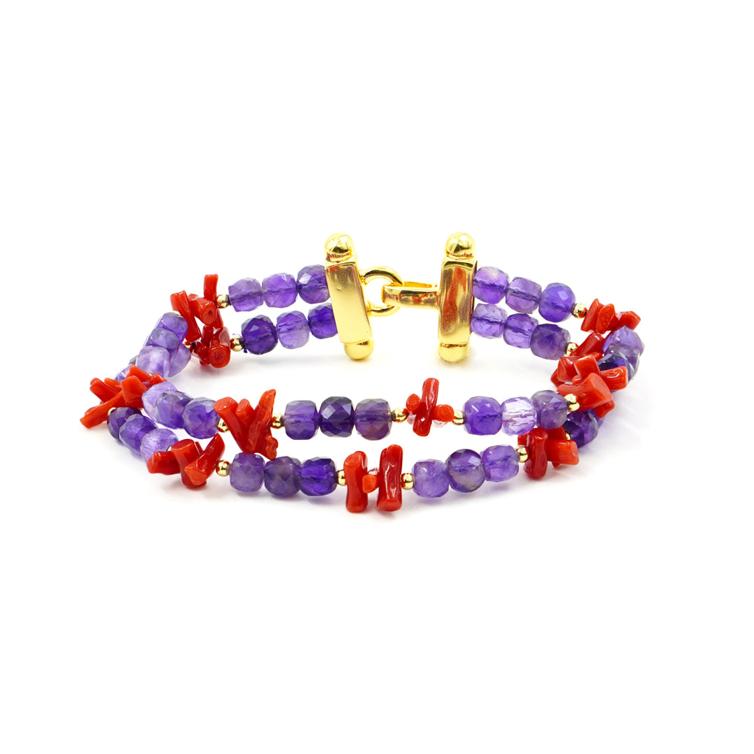 Coral and amethyst bracelet mounted on silver