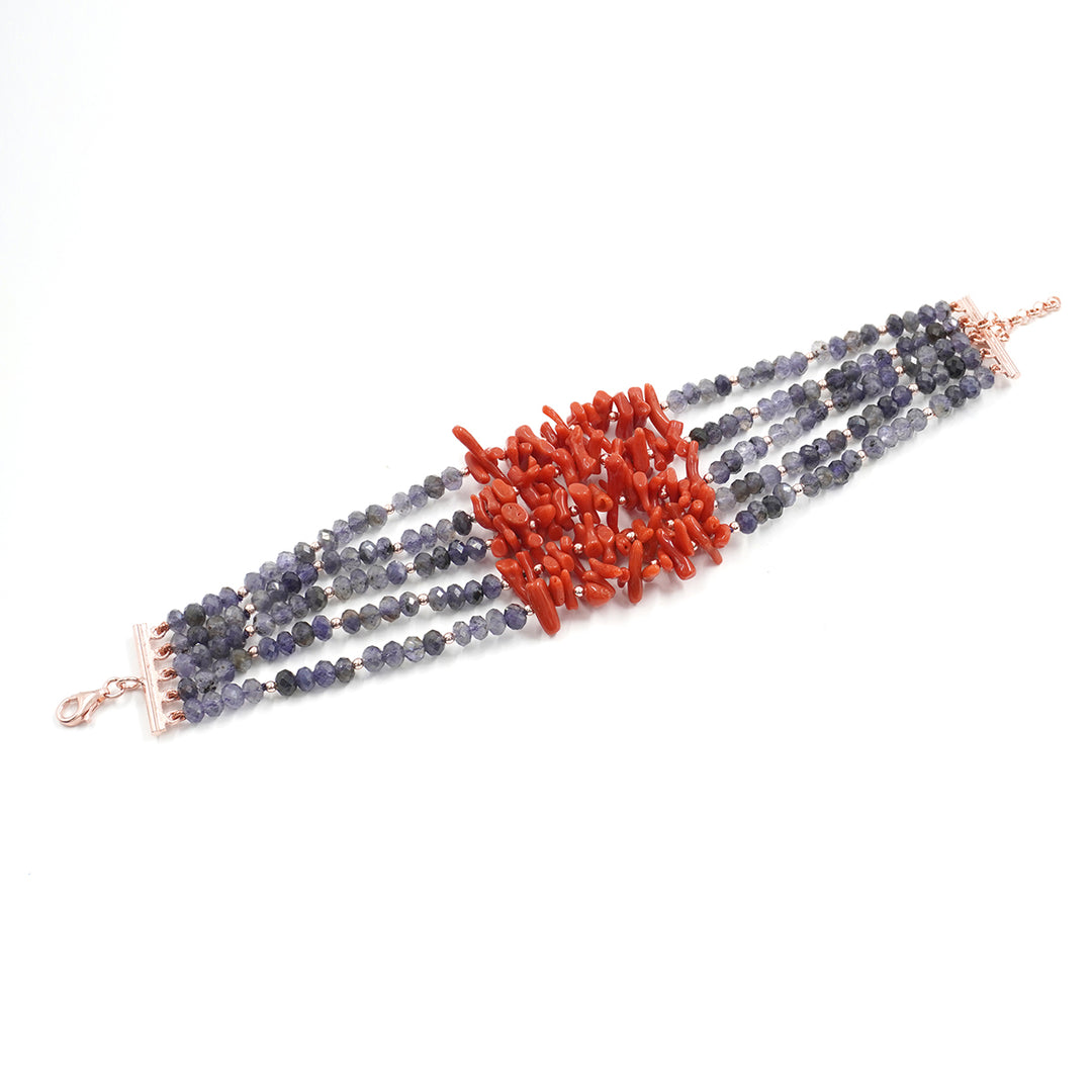 Coral and liolite bracelet mounted on silver
