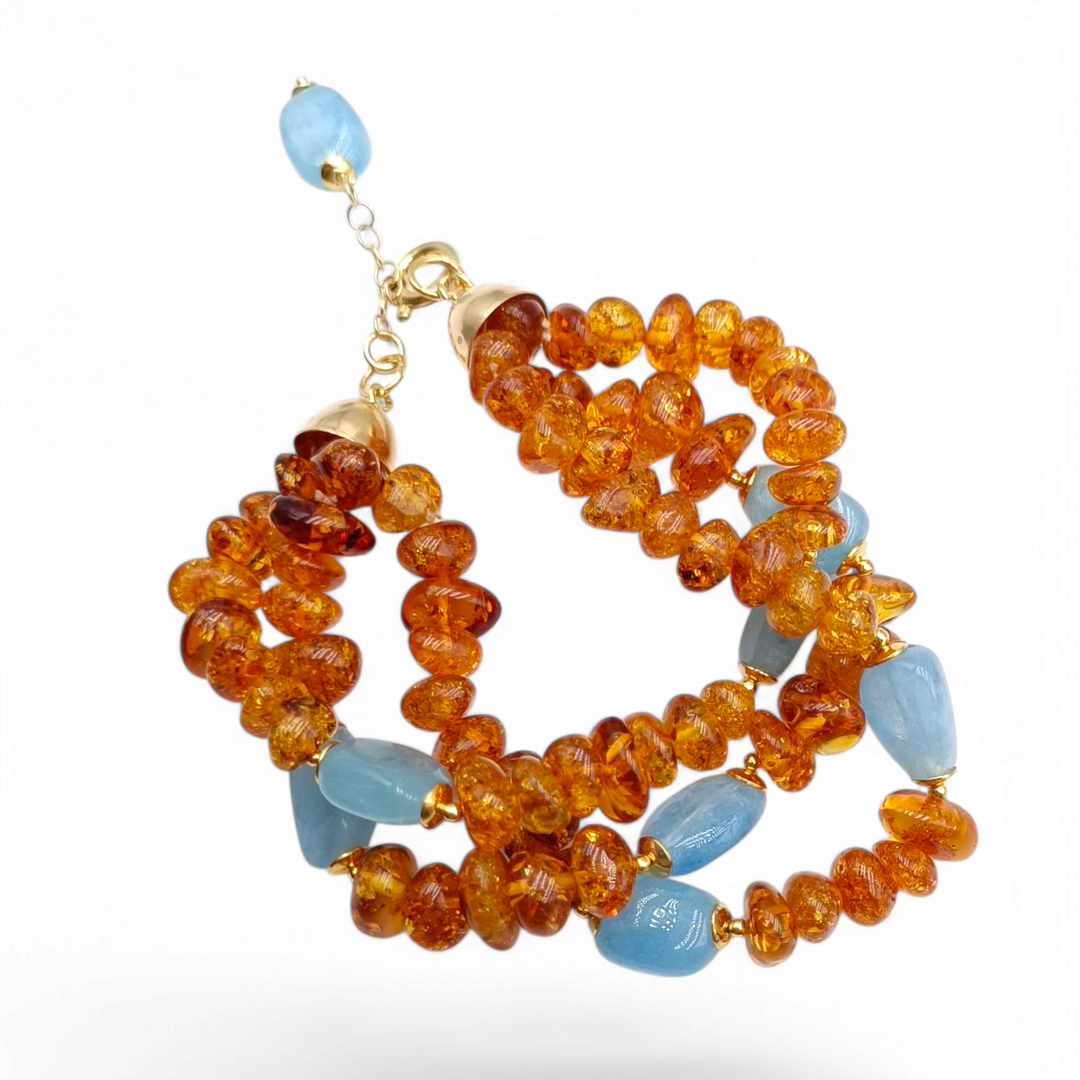 Amber and milk aquamarine bracelet mounted on silver