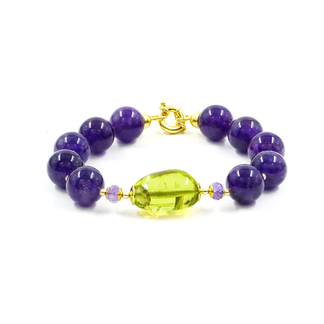 Bracciale ametista e ambra montata in argento dorato