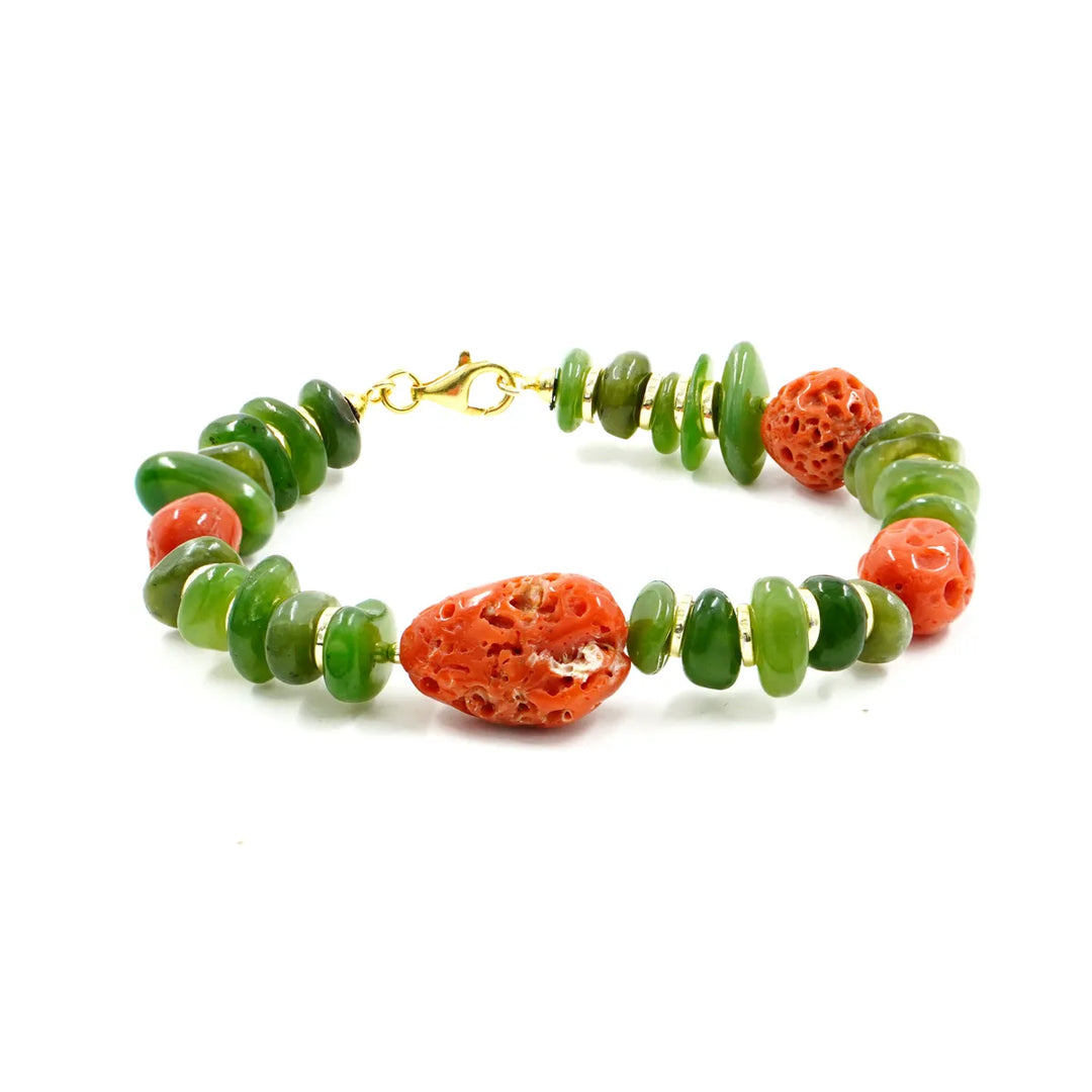 Bracciale giada e corallo montato in argento