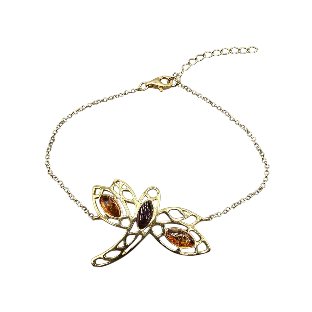 Amber dragonfly bracelet set in silver