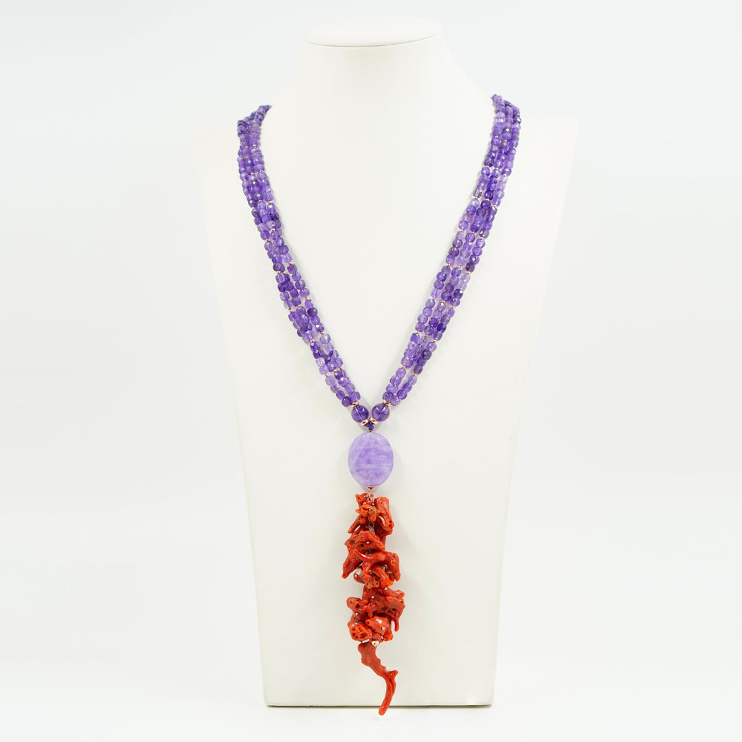 Collana multifilo in corallo e ametista montata su argento