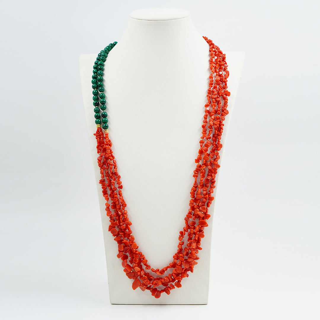 Collana multifilo in corallo e malachite montata su argento