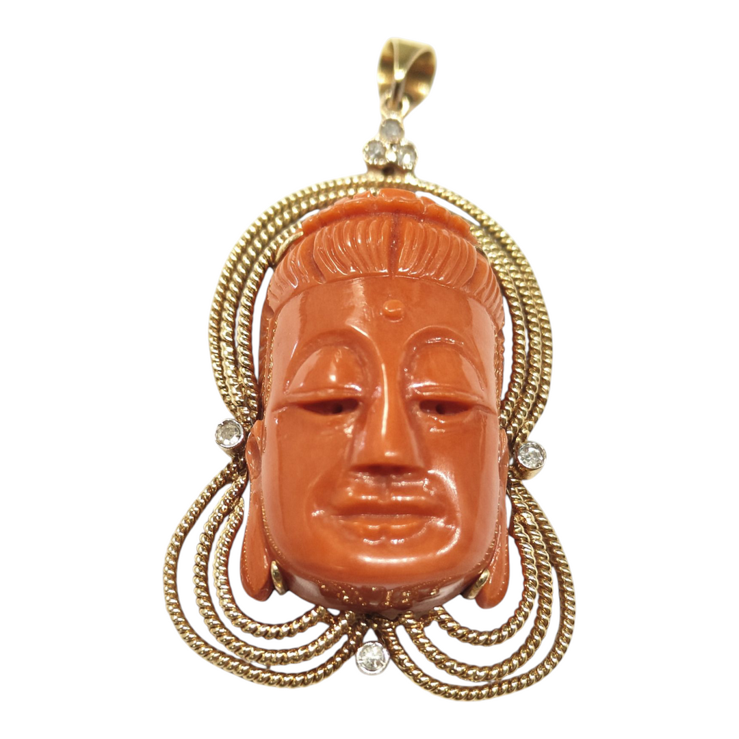 Coral Buddha Pendant Mounted on 18kt Gold