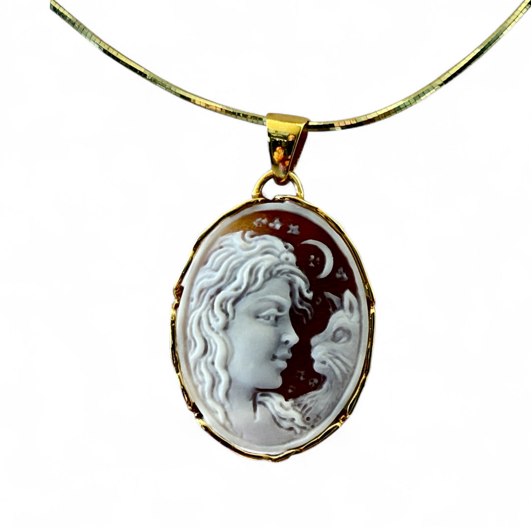 "Cat woman" pendant in sardonic cameo mounted in silver