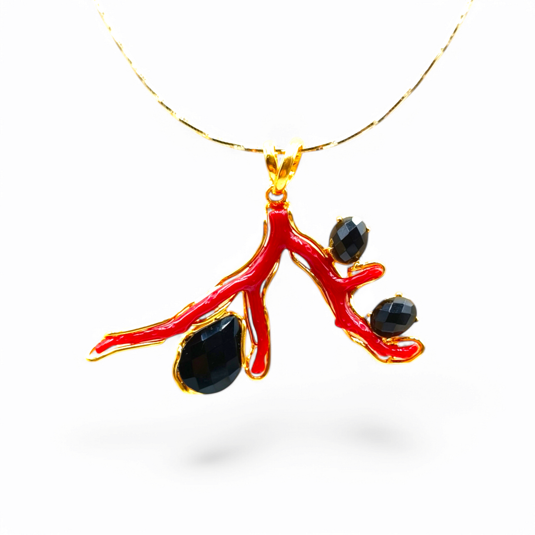 Collana ciondolo ramo di corallo ed agata nera montato su argento