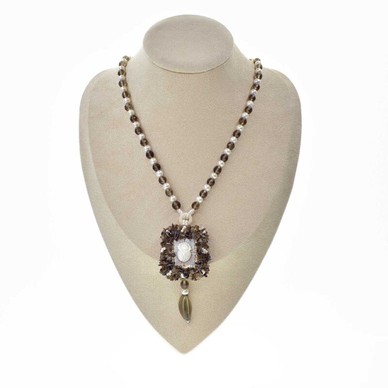 END OF COLLECTION - PINK FABRIC NECKLACE MOUNTED ON PEARLS AND SILVER