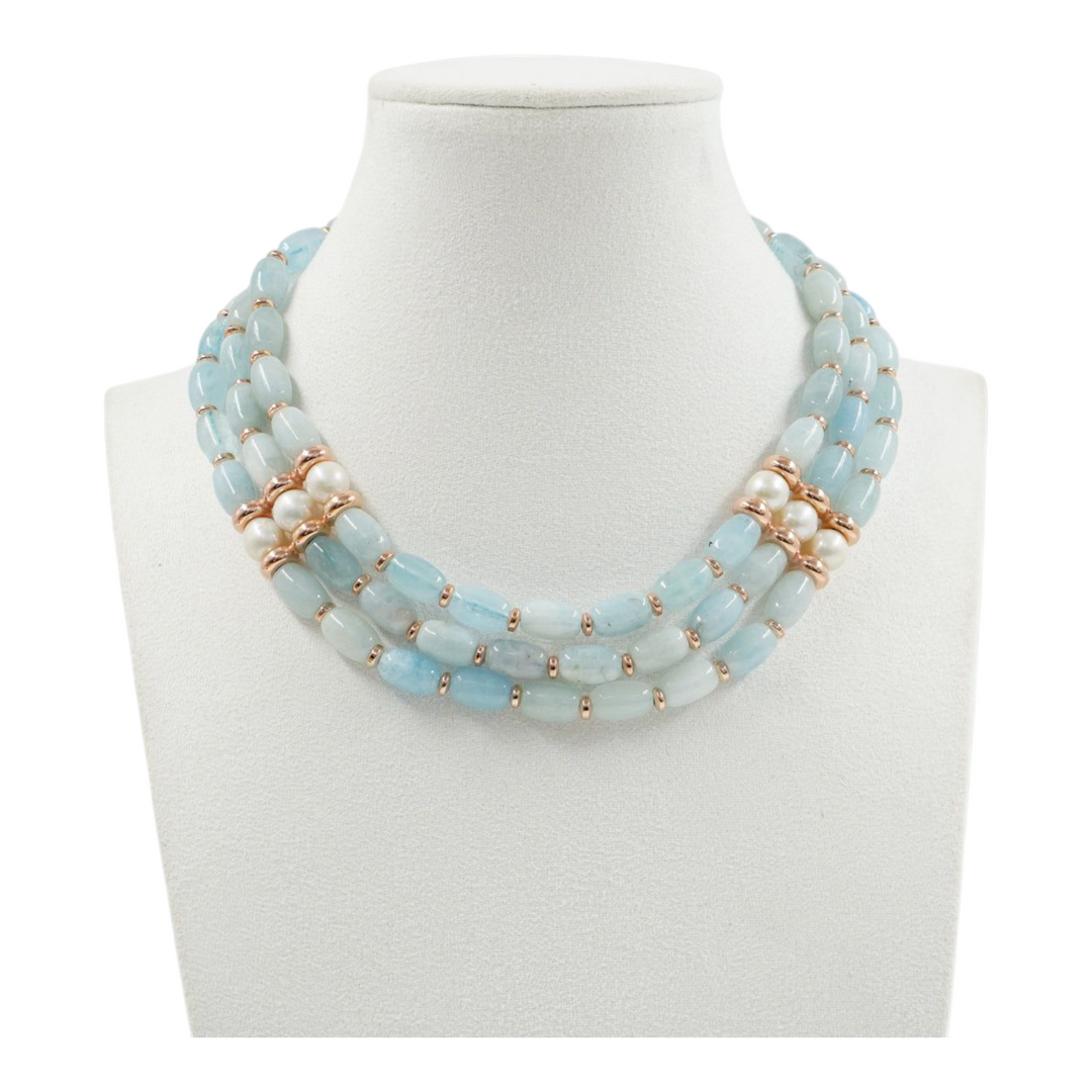 Collana Choker Multifilo di acquamarina, perla, ematite, chiusura in argento