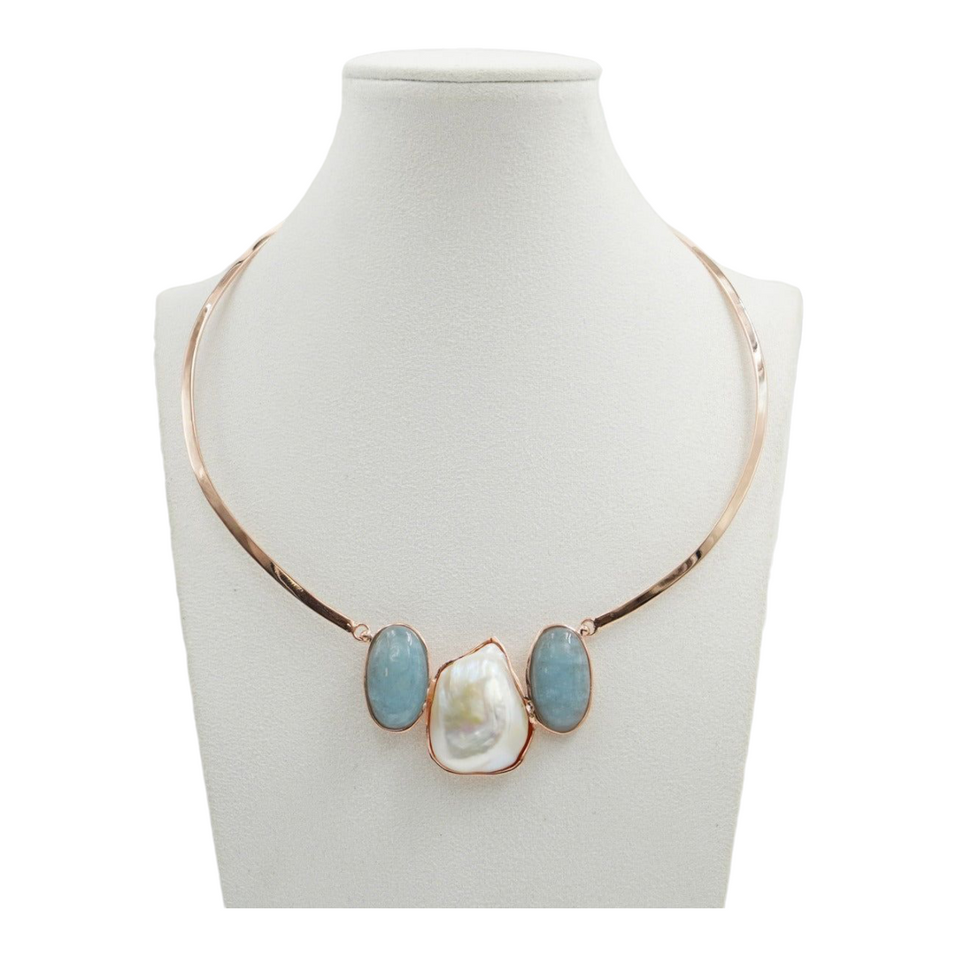 Collana acquamarina e perla montato su argento placcato oro