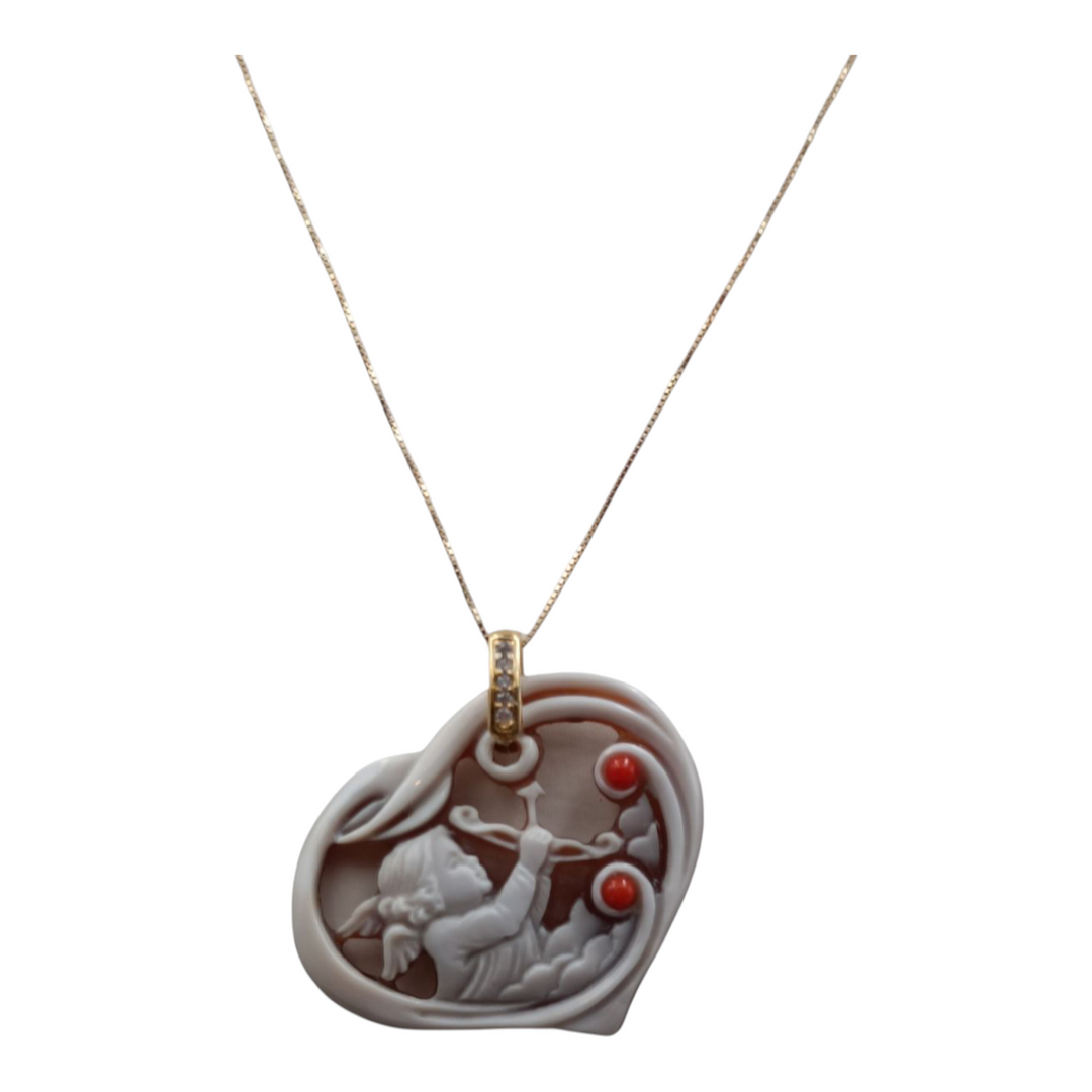 Cupid heart pendant necklace in cameo mounted on silver