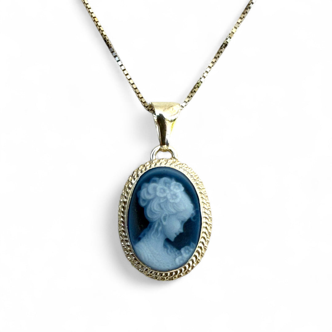Blue agate “lady” pendant necklace set in silver