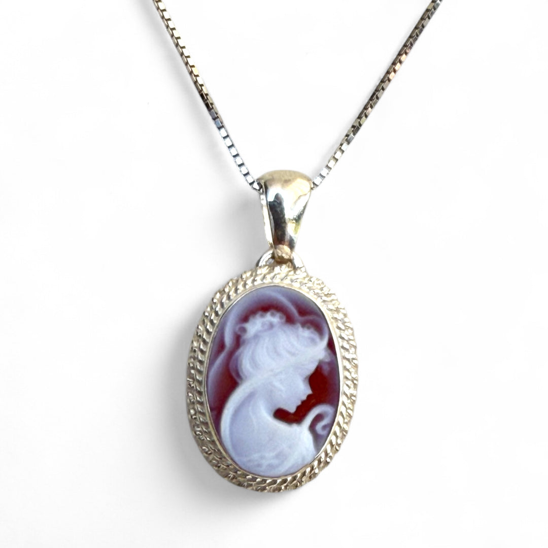Red agate “lady” pendant necklace mounted on silver