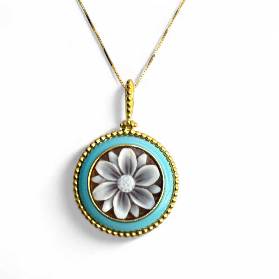 Sardonic cameo flower pendant necklace mounted on turquoise paste and silver