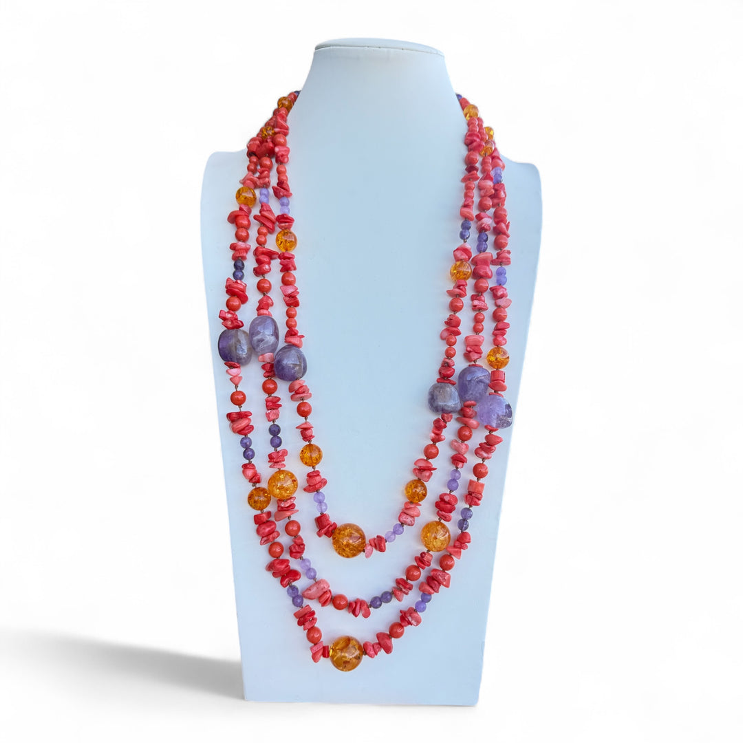 Coral, amethyst, amber and agate necklace
