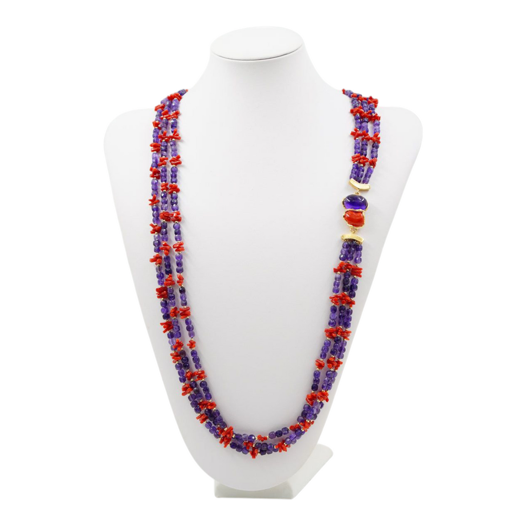 "Red coral and amethyst" necklace mounted on silver