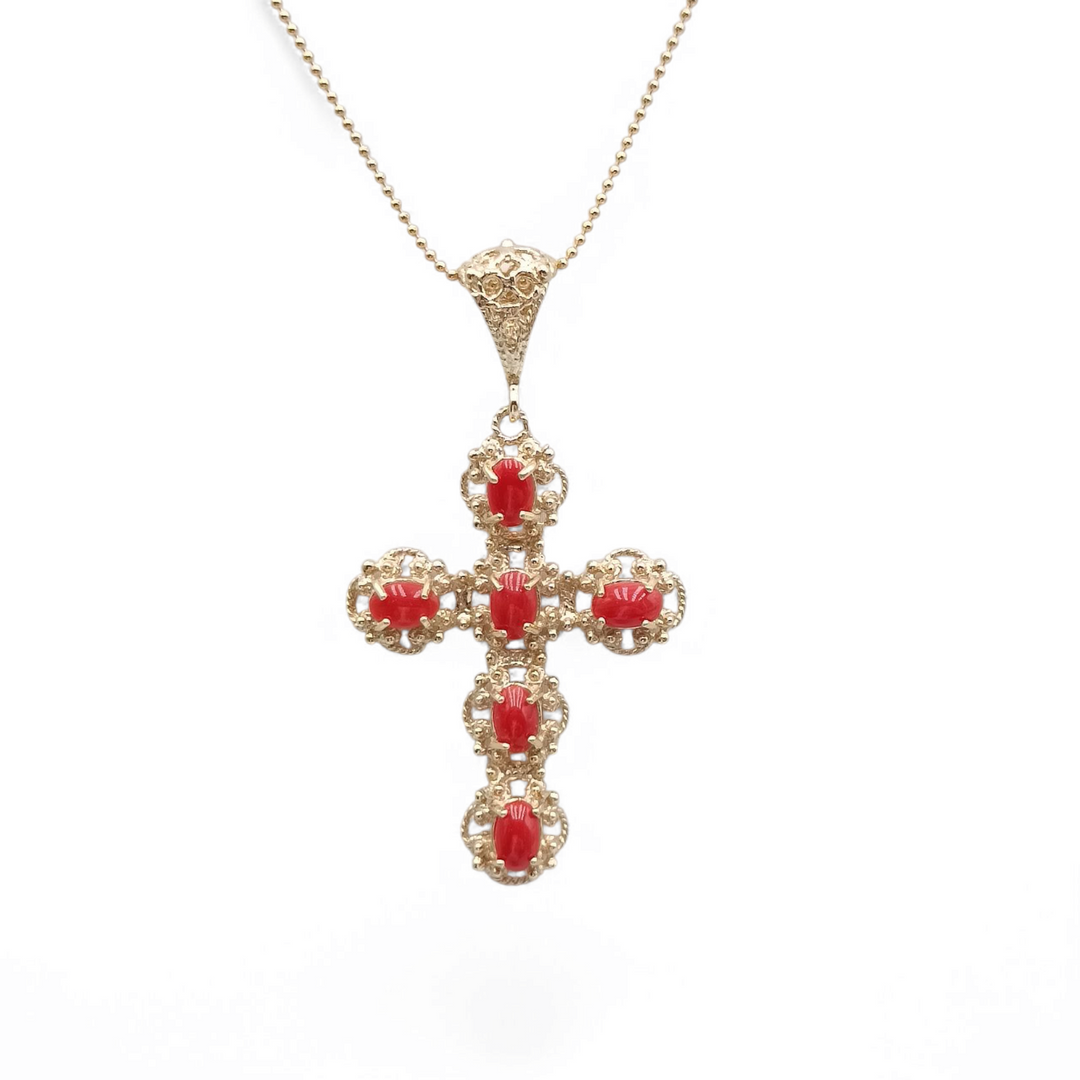 Coral "cross" necklace mounted on silver