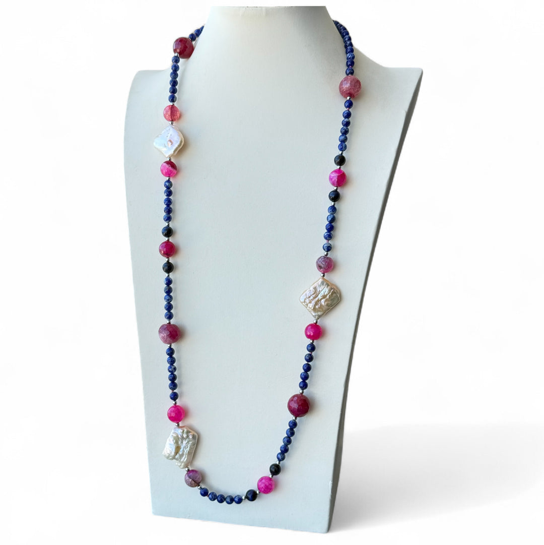 Strawberry quartz, lapis and pearl necklace set in silver