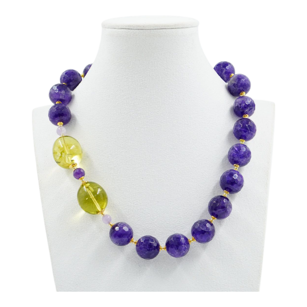 Amethyst and green amber necklace mounted on silver