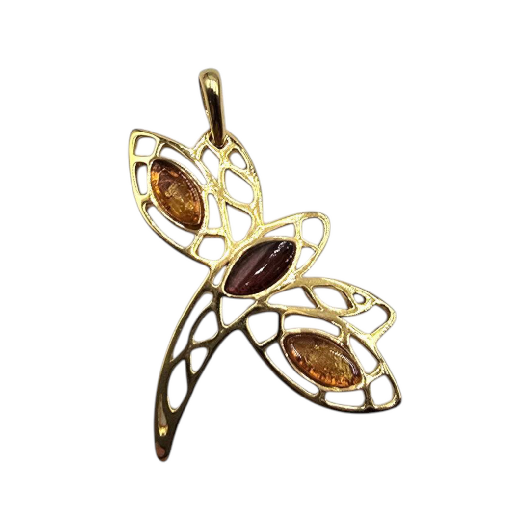 Amber dragonfly necklace set in silver