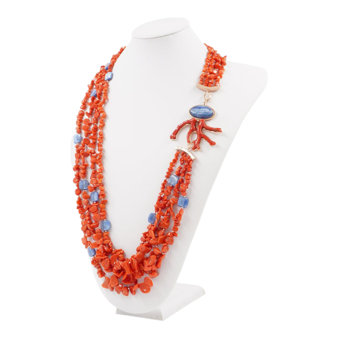 Collana multifili in corallo e cianite montata su argento