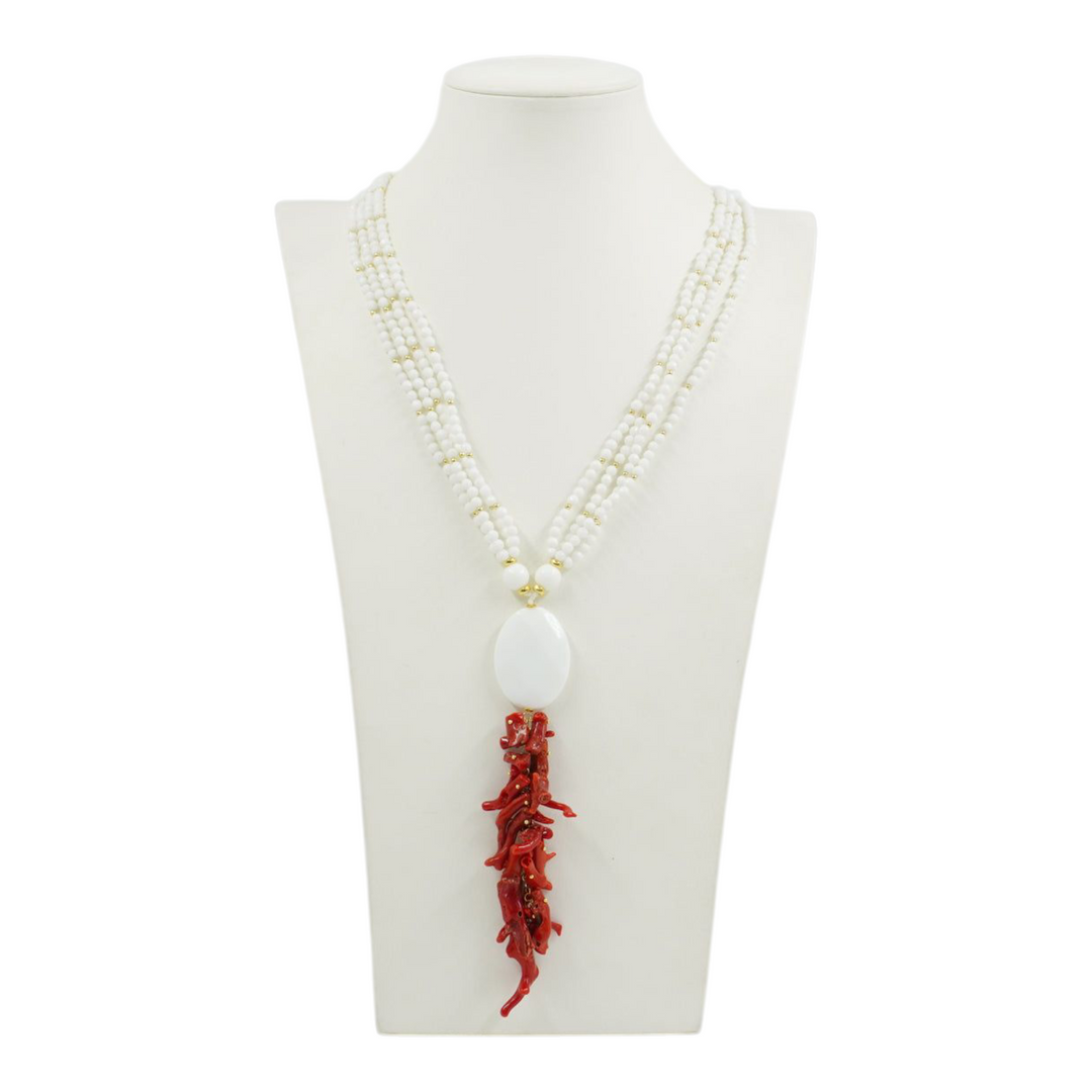 Collana multifilo in corallo e agata bianca montata su argento