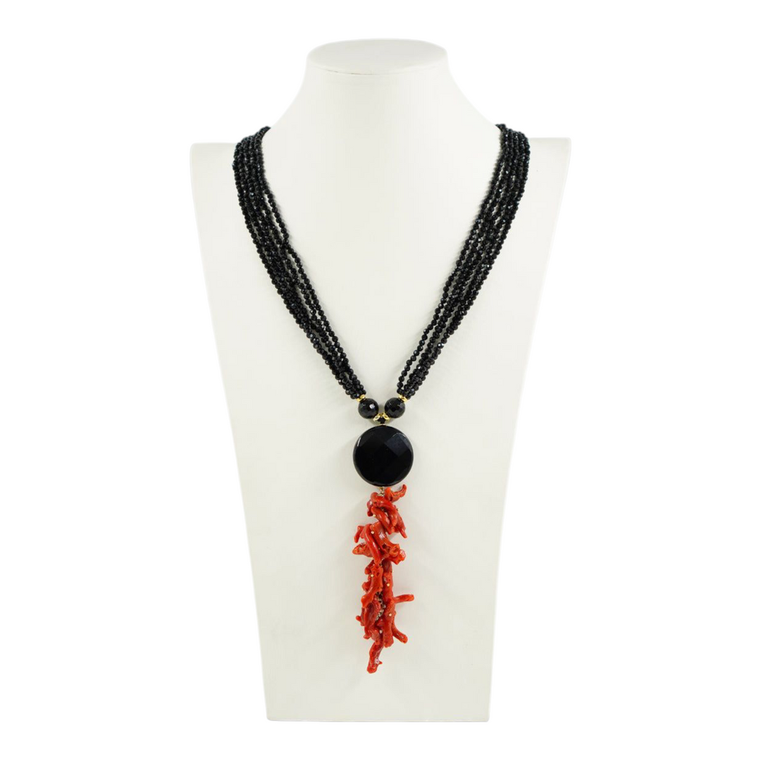 Multi-strand necklace in coral and black agate mounted on silver