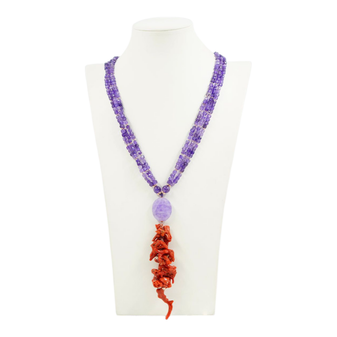 Multi-strand coral and amethyst necklace mounted on silver