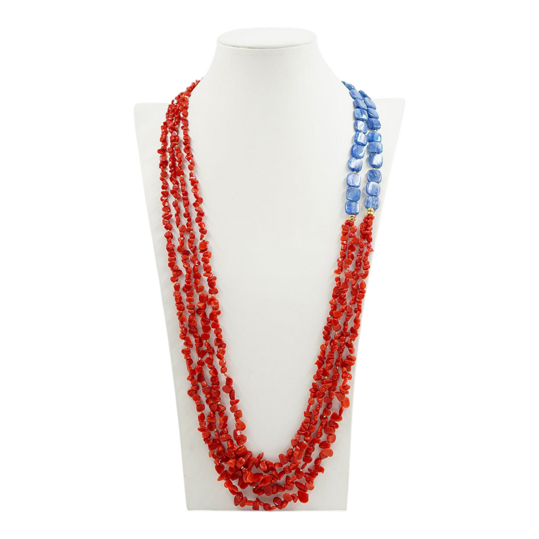 Multi-strand coral and kyanite necklace mounted on silver