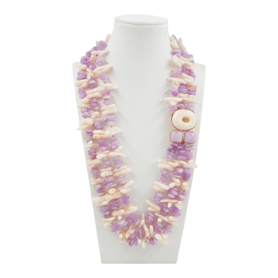 Collana multifilo in corallo e kunzite