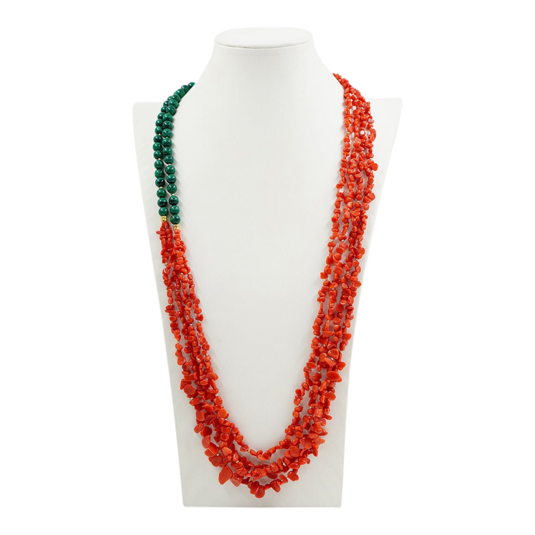 Multi-strand coral and malachite necklace mounted on silver