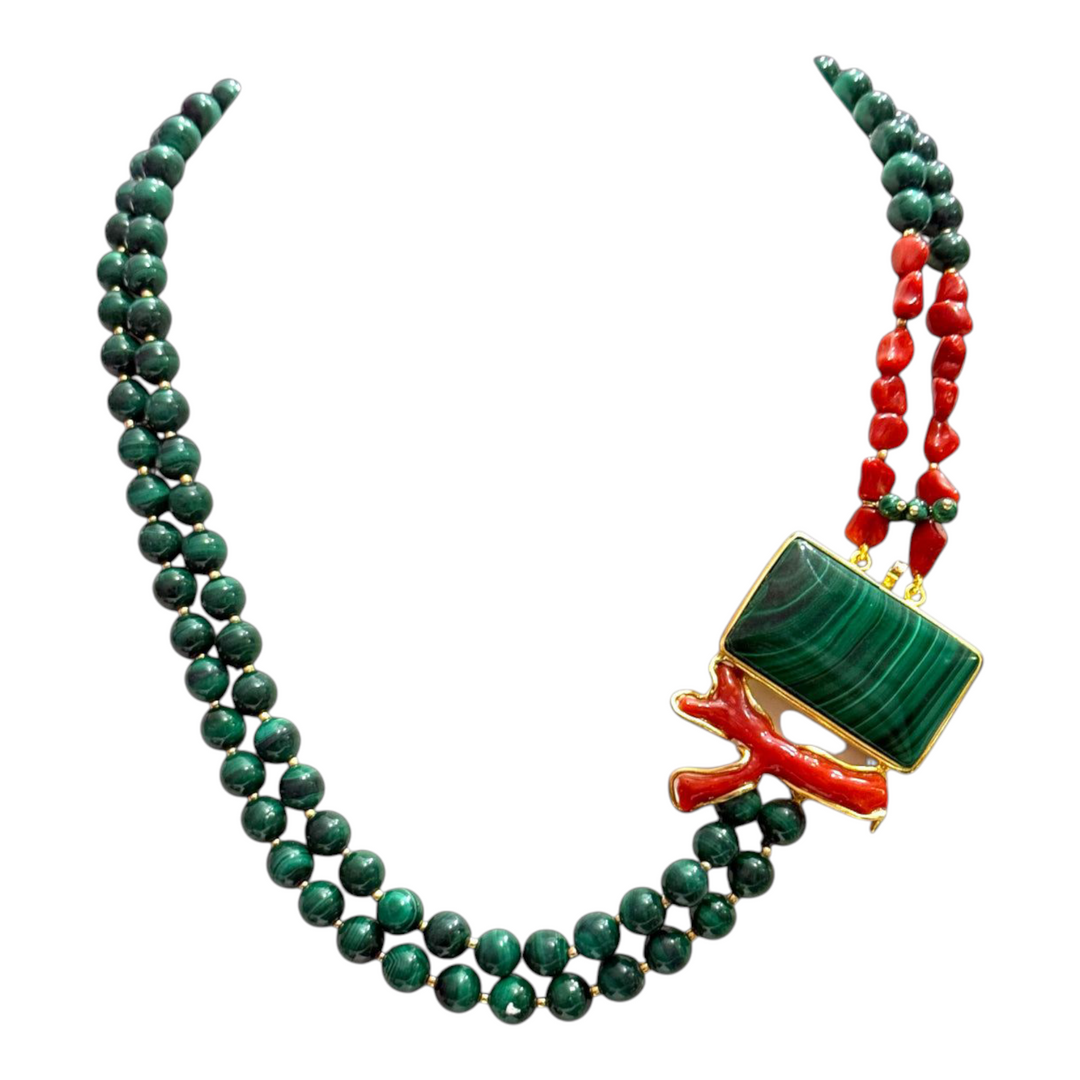 Collier malachite e corallo montato su argento