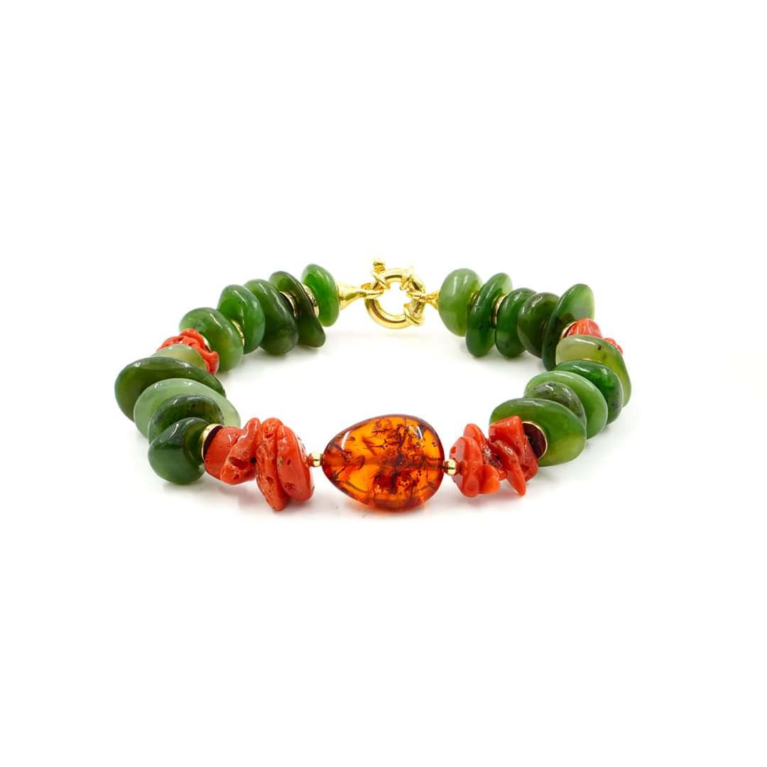 Amber and coral bracelet mounted on silver