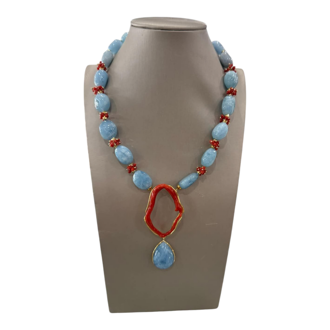 Collana corallo ed acquamarina milk montato su argento