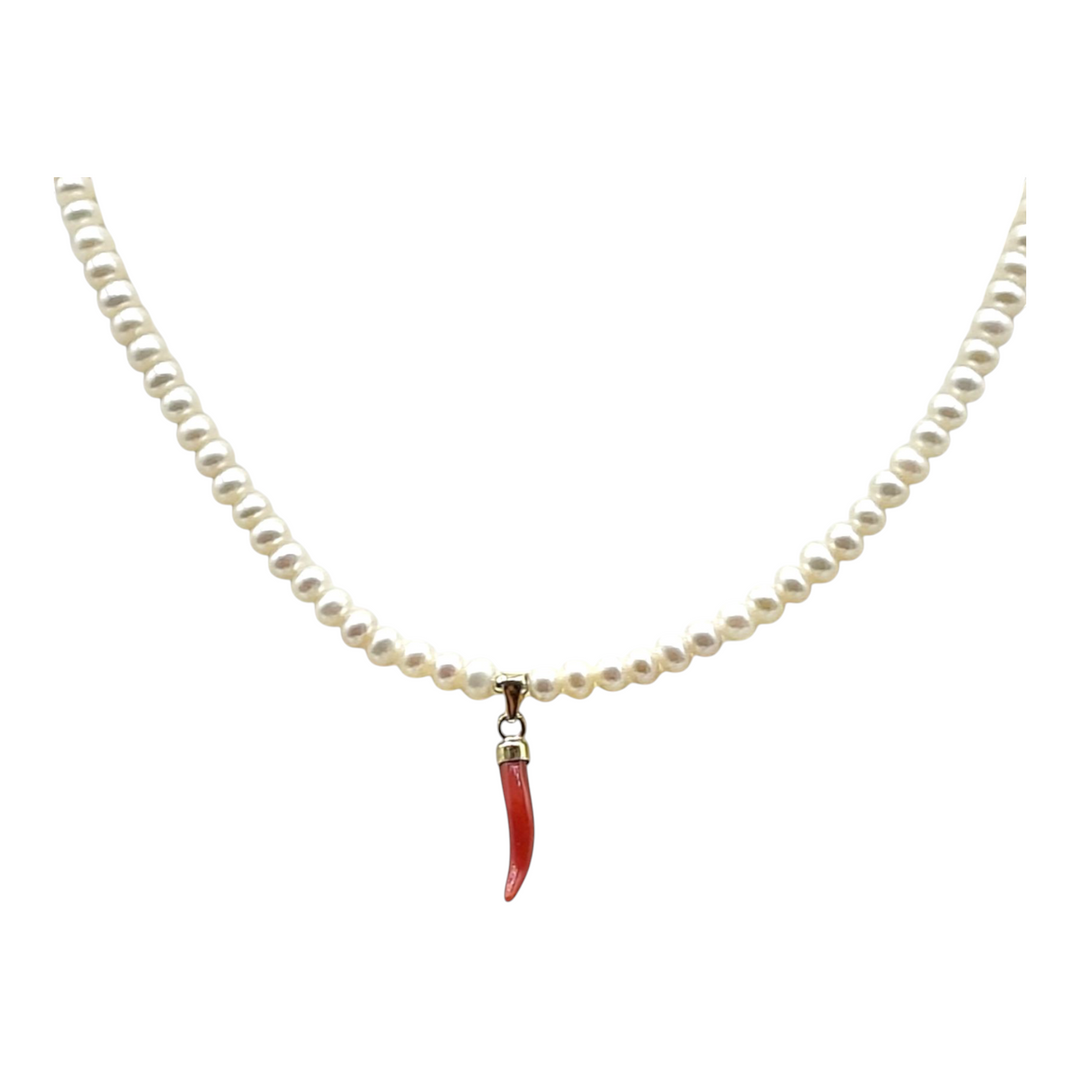 FINE COLLEZIONE - Collana corno di corallo rosso con perle di fiume